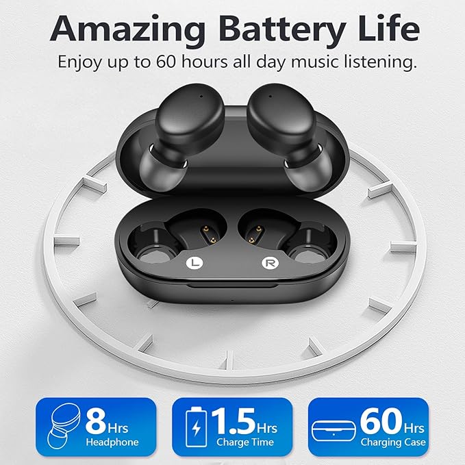 MOZOTER S8 Mini Wireless Earbuds Bluetooth 5.3 in Ear Light-Weight Headphones,60Hrs Playtime Ear Buds with Charging Case,Smart Ring,Fitness Tracker Premium Sound with Deep Bass for Sport-Black