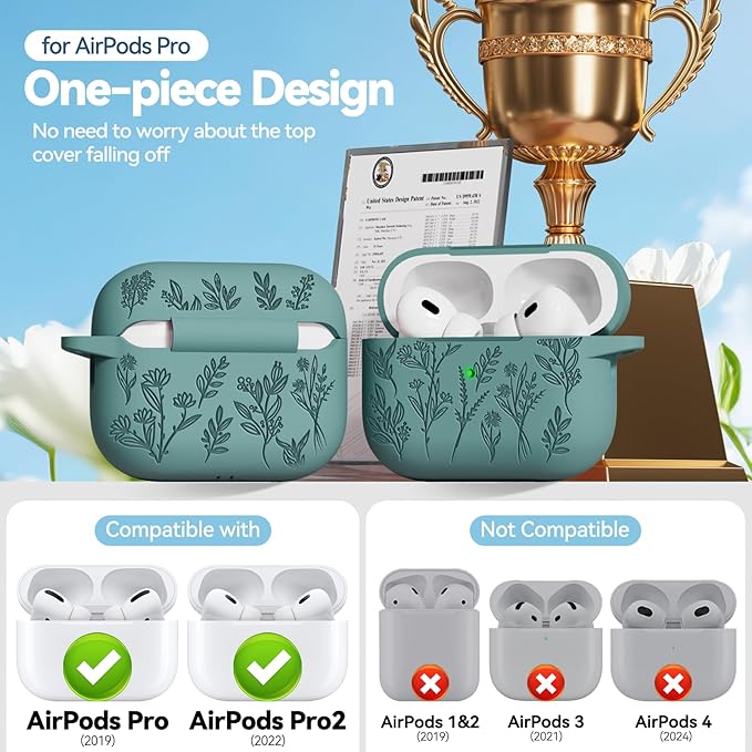 for AirPods Pro 2 Case with 3-in-1 Cleaning Kit & Keychain, Ekoonpft Flower Engraved Silicone AirPod Pro Cases Cover for Apple AirPods Pro 2nd/1st Generation(2023/2022/2019), Shockproof & Anti-Scratch