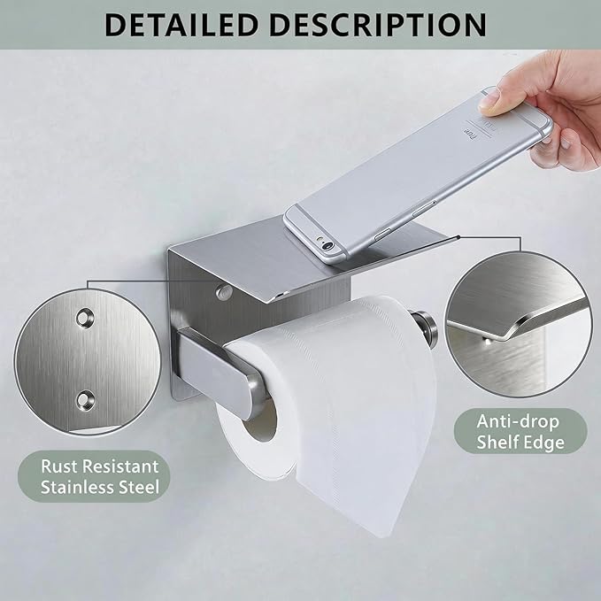 Toilet Paper Holder with Shelf, Heavy-Duty Stainless Steel Bathroom Hardware, Self-Adhesive No-Drill/Drill-Mount Wall-Mounted Roll Holder, Rust-Proof Bathroom Tissue Rack(Brushed Nickel)