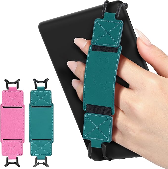 MoKo 2 Pack Security Hand Strap for 6-8" Kindle eReaders Fire Tablet -Kindle/Kobo/Voyaga/Lenovo/Sony E-Book Tablet, High-Elasticity Versatile Hand Strap Lightweight Finger Grip Holder, Rose Red+Green