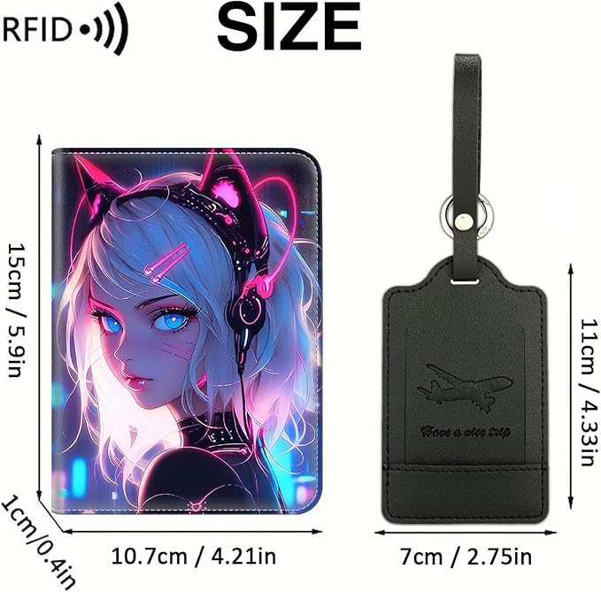 Passport Wallet, Passport Holder with RFID Blocking and Luggage Tag, Waterproof PU Leather Travel Documents Organizer Case, Passport Covers with Card Slot for Women & Men, Cat Girl Blue Neon Anime