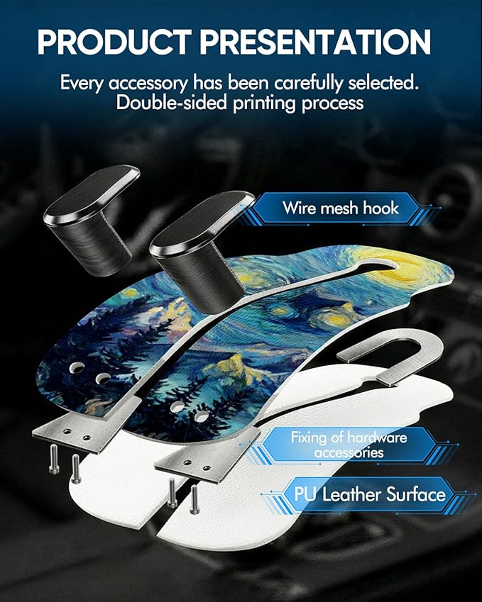 WOCOCN Purse Holder for Car, 2 Pack Heavy Duty Purse Hanger for Car, PU Leather Car Seat Hooks for Purses and Bags, Cute Starry Sky Mountain Headrest Organizer for Handbags & Backpacks