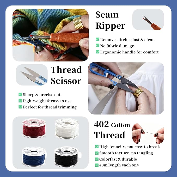 Skysewing 52PCS Large Eye Hand Sewing Needles Kit with Metal Box, Mini Sewing Kit with Threaders, Thimbles, Seam Ripper, Portable Sewing Repair Kit for Adults Beginner Travel Clothing Repair Home Use
