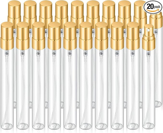 20Pcs 10ml Empty Clear Glass Mist Spray Bottle Refillable Mini Perfume Atomizer Travel Sample Bottle with Golden Aluminized Nozzle Makeup Container for Perfume (10ml Gold Caps)