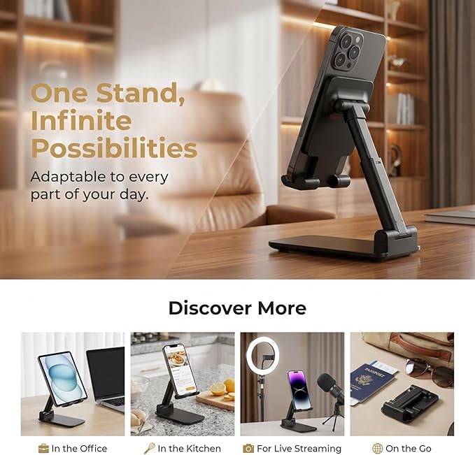 Phone Stand for Desk, Cell Phone Holder Cute Smart Cellphone Stand Foldable Stands Compatible with Under 8" Devices, Office Accessories, Black, 1