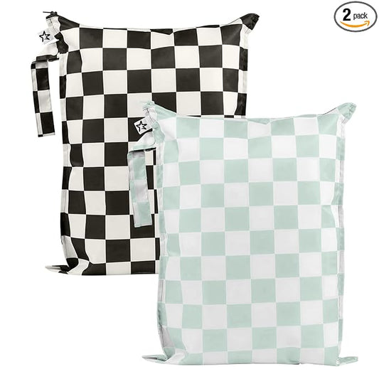Tiny Twinkle Mess Proof Wet Bags | 2-Pack Reusable Waterproof Wet Bags for Swimsuits | Baby Clothes | Travel & Diaper Bag (Black, Green Checkers)