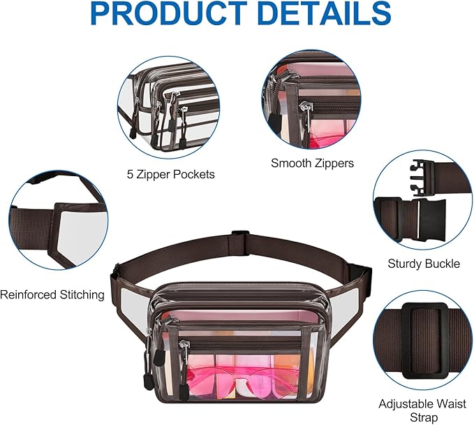 Clear Bag Stadium Approved Clear Fanny Pack for Women for Work,Multi-purpose Waist Bag for Travel & Sporting Event