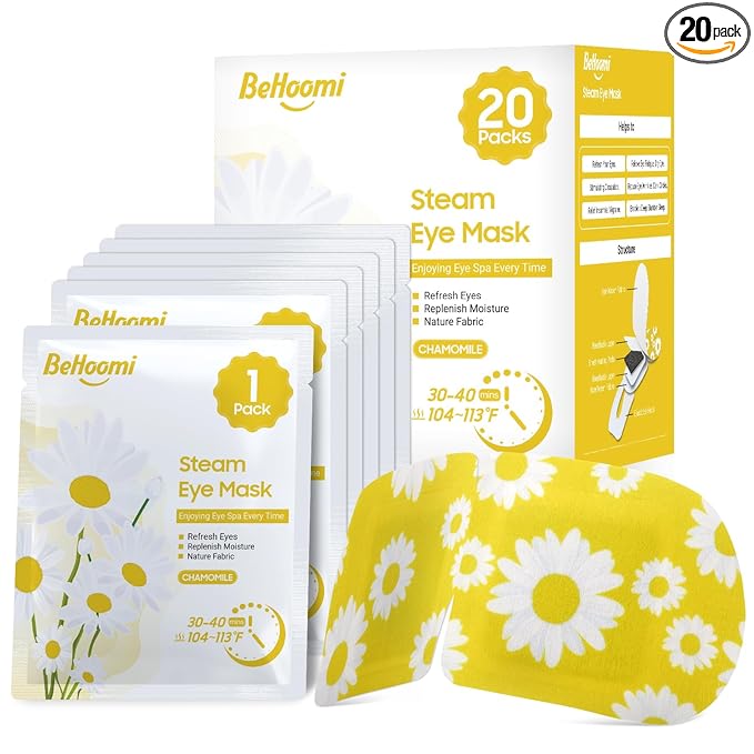 BeHoomi 20 Packs Steam Eye Mask, Heated Eye Mask Warm Compress for Eyes, Disposable Self Heating Steam Mask for Home, Sleep, Spa, Travel Essentials & Relaxation Gifts for Women (Chamomile)