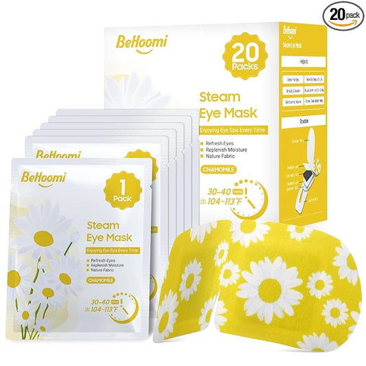 BeHoomi 20 Packs Steam Eye Mask, Heated Eye Mask Warm Compress for Eyes, Disposable Self Heating Steam Mask for Home, Sleep, Spa, Travel Essentials & Relaxation Gifts for Women (Chamomile)