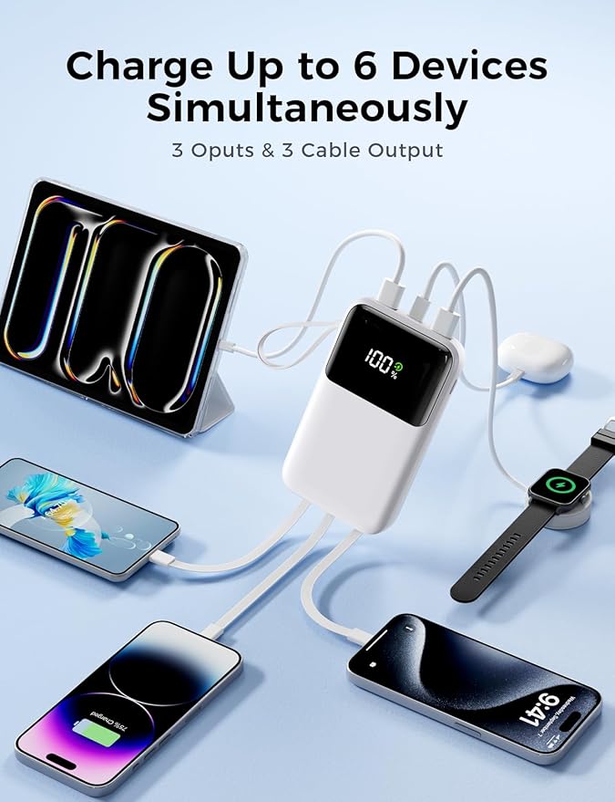 HELLEE Power Bank, 15000mAh Portable Charger with Built in Cable, 22.5W Fast Charging, 6 Outputs, Slim Travel Essential Battery Pack with LED Display, Compatible with iPhone 17/16/15/14/13, iPad White