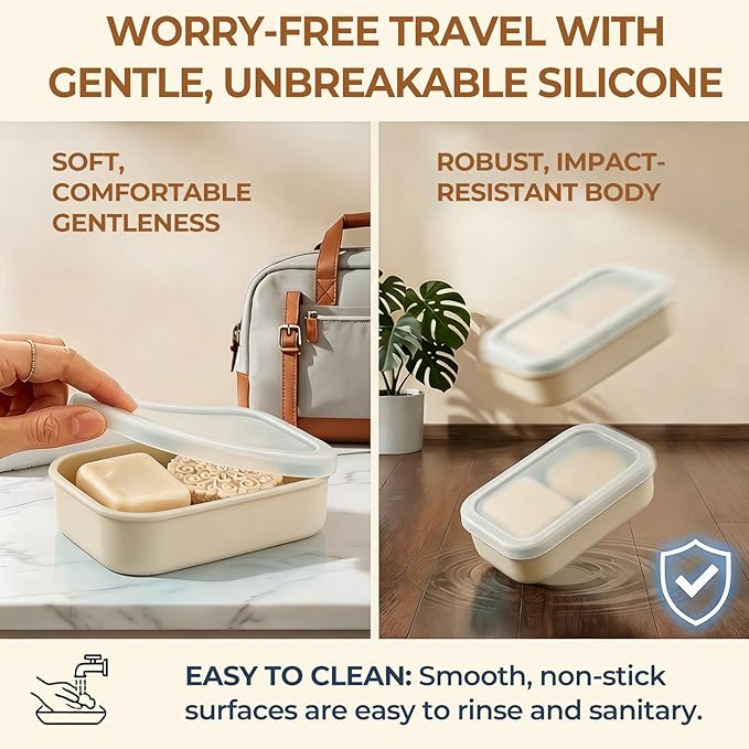 AIMAIAIMAI Silicone Shampoo Bar Travel Case with Drain Pad – Leak Proof Bar Soap Travel Case for 2 Bars, Shampoo & Conditioner Bar Holder for Camping, Gym | 1 Pack, Translucent & Off-White