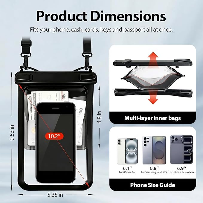 Waterproof Phone Pouch, with Interior Card Pocket, Large Waterproof Phone Case for iPhone 17 16 Pro Max, IPX8 Lightweight Cellphone Dry Bag, Beach Cruise Ship Essentials,1 Pack-Black-large-10″