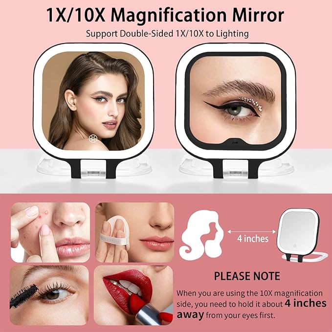 DESCHEN Rechargeable Travel Makeup Vanity Mirror with Lights and Magnification, 7" Portable 1X/10X Magnifying Mirror with 4 Color Light, Lighted Makeup Mirror with Magnification, Folding LED - Black