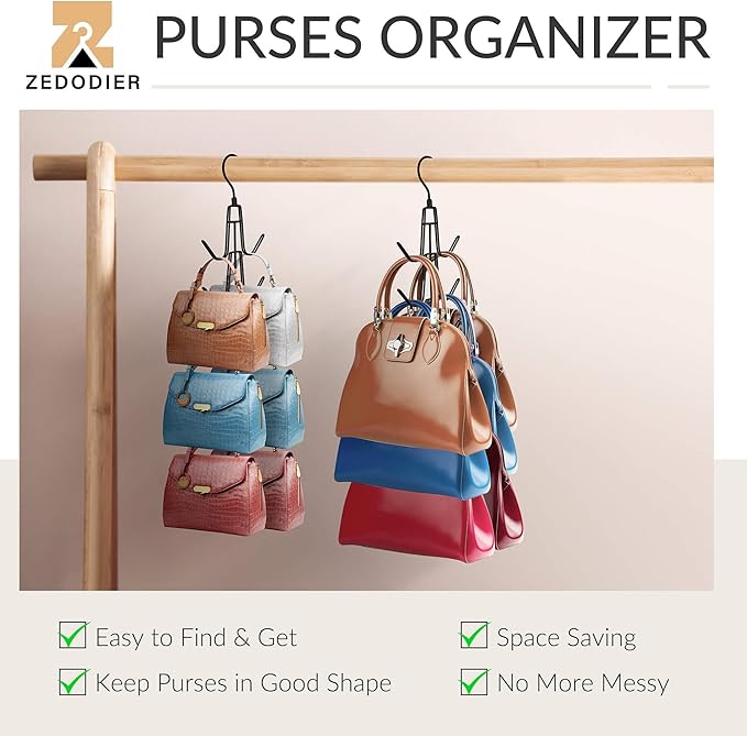ZEDODIER Purse Organizer for Closet, Heavy-Duty Hanging Purse Hanger Closet Holds Up to 6 Purses, Metal Rotating Space Saving Bag Holder Handbag Storage Hook Backpack Rack, Black