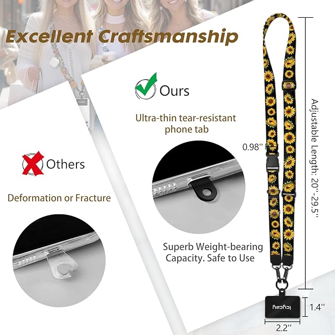 Icycay Phone Lanyard Crossbody, Flower Cell Phone Strap for Around The Neck Adjustable, Floral Teacher Anti Theft Cute Lanyard for ID Holder Keys Accessories Travel Essential