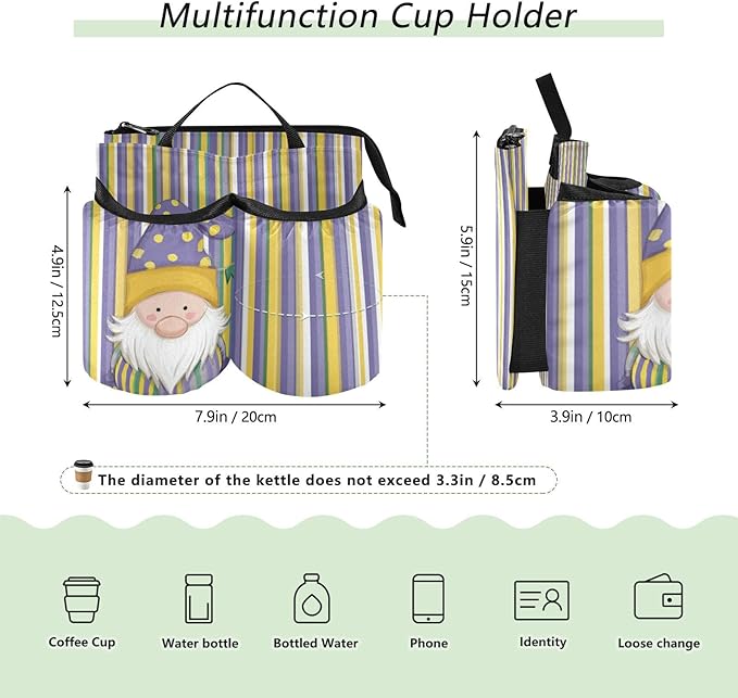 Luggage Cup Holder for Suitcases Free Hands Suitcase Cup Holder Travel Luggage Drink Holder Portable Luggage Cup Caddy Bag Carrier with Handle Stripe Mardi Gras Gnome
