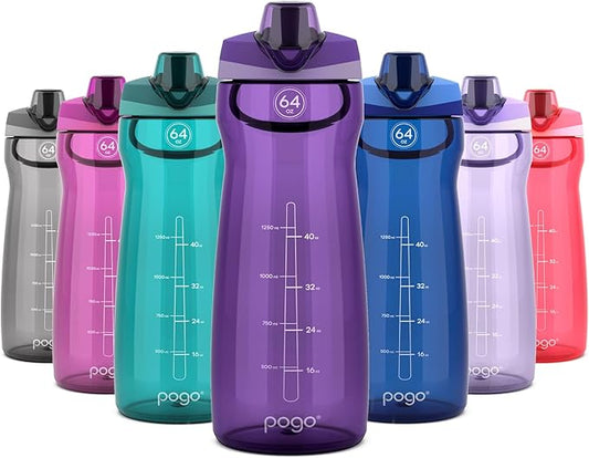Pogo 64oz Plastic Water Bottle with Leak-Proof Chug Lid and Carry Handle, Reusable, BPA Free, Capacity Markings, Dishwasher Safe, Perfect for Travel, School, Outdoors, and Gym, Purple