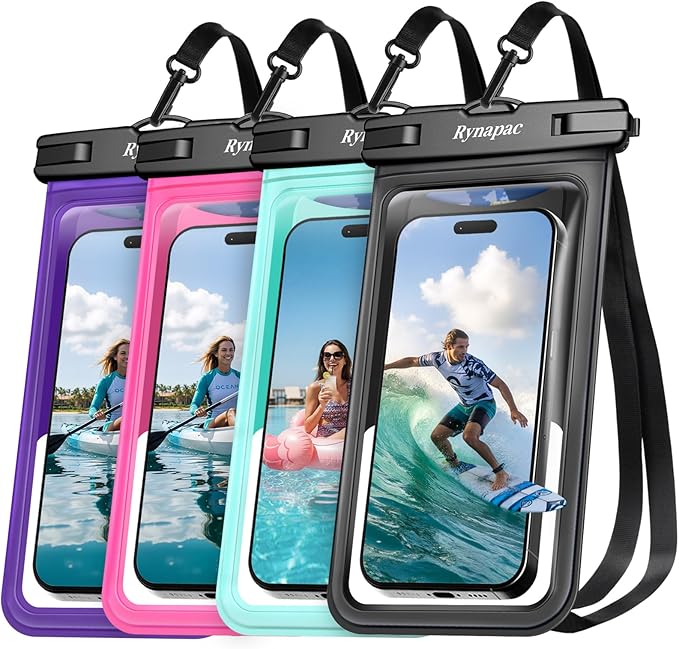 Rynapac Waterproof Phone Pouch [Up to 8.5"] - 4 Pack, IPX8 Waterproof Phone Case with Lanyard for iPhone 17 16 15 Pro Max, Touchscreen & Photograph, Cellphone Dry Bag for Beach Cruise Essentials 2026