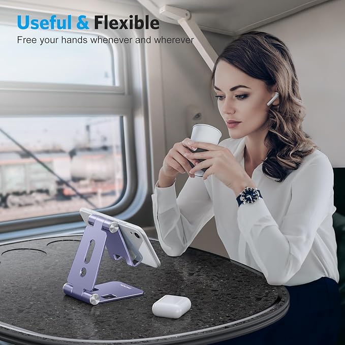 OMOTON Foldable Cell Phone Stand, C4 Portable Aluminum Phone Holder, Adjustable Phone Dock Cradle Compatible with iPhone 17/16/15 Pro Max Air, Samsung Galaxy, Small Tablets, Smart Phones, Purple