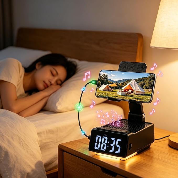 Gifts for Father & Men Who Have Everything, Bluetooth Speaker Phone Stand, Dual Alarm & RGB Light, Adjustable Foldable Charging Holder, Unique Birthday Gifts for Men, Women & Husband