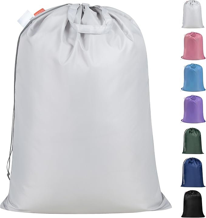 Polecasa Extra Heavy-Duty Laundry Bag 28x36”- Machine Washable Large Storage Bag with Reinforced Handles & Drawstring Closure & ID Tag for College Dorm Travel - Silver