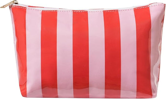Large PVC Waterproof Striped Makeup Bag,Clear Coated Cosmetic Bags,Easy to Clean,Travel Organizer Zipper Pouch Beach Vacation Essentials for Women Girls(08Orange Pink)