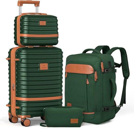Joyway Expandable Carry on Luggage Sets Airline Approved, Lightweight Hard Shell 20 Inch Carry-on Suitcase with Spinner Wheels, Green Brown
