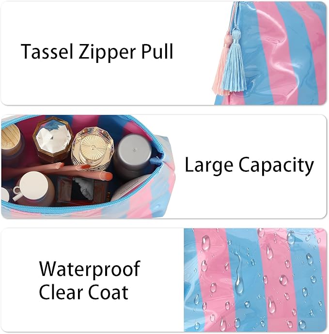 DYSHAYEN Makeup Bags for Purse,Small Clear Coated Cosmetic Bags for Women Girls, Waterproof Travel Organizer Zipper Pouch Beach Vacation Essentials (Blue-Pink)
