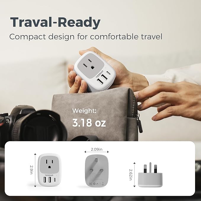UK Adapters for Travel 3 Pack, TESSAN US to UK Plug Adapter with 3 USB Ports (1 USB C), Type G Power Adaptor for USA to Ireland Scotland Dubai Hong Kong England British Kenya London