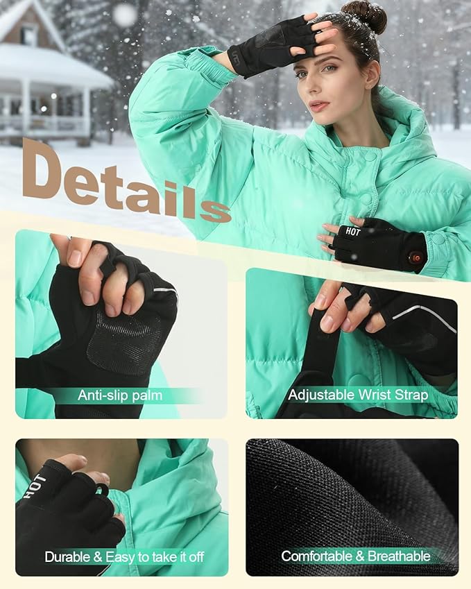 uncn Heated Gloves Fingerless for Women Man with 3.7V 3000mAh Battery Cordless Work Touchscreen Gloves for Winter Cold Weather Rechargeable Electric