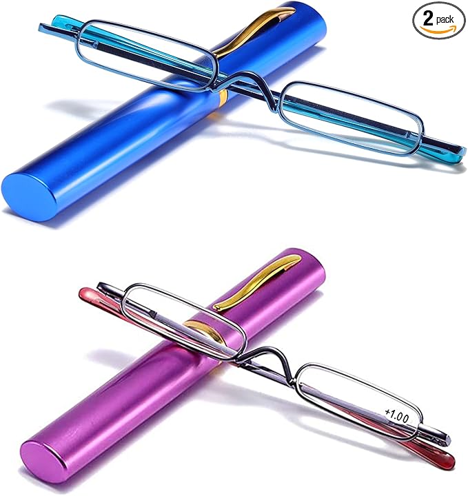 Viseng Slim Mini Metal Reading Glasses Compact Lightweight Portable Readers with Glasses Case for Reading Case Blue+Purple+2.0