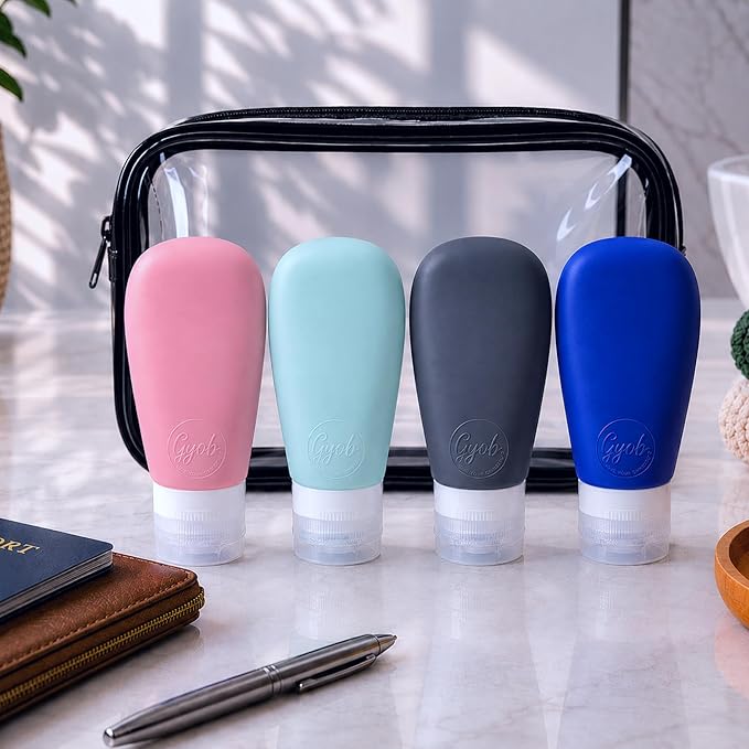 Travel Bottles for Toiletries, TSA Approved 3oz (90ml) Leak Proof Silicone Refillable Squeeze Travel Size Containers BPA Free for Cleansers, Lotions, Shampoo 4pk-With Bag (P,G,Blk,BL)