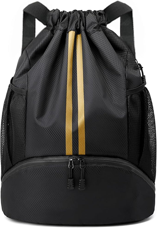 JELUTAR Drawstring Backpack Gym Bag with Shoes Compartment for Soccer, Basketball, Swim, Water-Resistant String Backpack Beach Cinch for Women Men, Black Gold