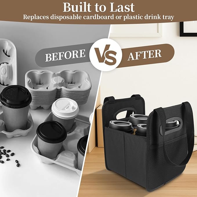 Foyego 2 Pack Drink Carrier with Handle, Reusable 4 Cup Carriers for Drinks, Portable Foldable Insulated Coffee Cup Drink Holder for Delivery and Caddy