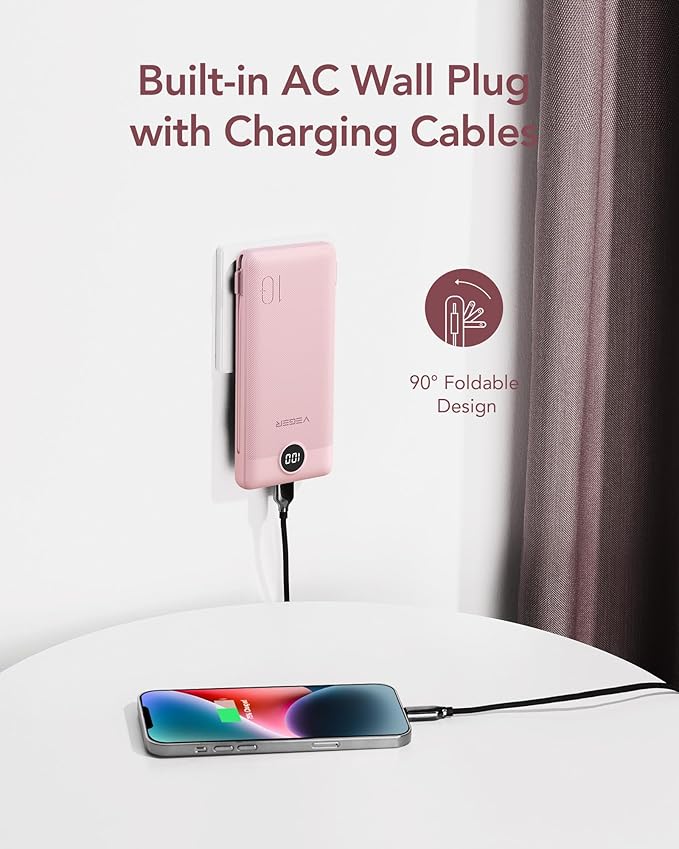 VEGER Portable Charger with Built-in AC Plug and Cables, All in One 10000mAh Ultra Slim Power Bank Travel Essentials, Fast Charging Battery Pack Compatible with iPhone, Samsung, Android, Crepe