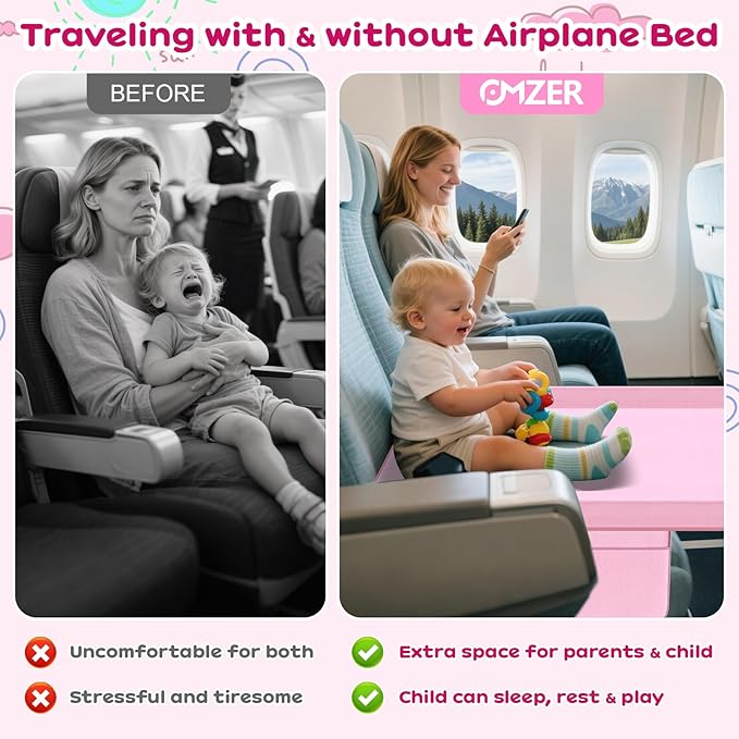 omzer Toddler Airplane Bed - Airplane Seat Extender for Kids - Barrier Designed Flyaway Kids Bed Airplane with Pockets - Portable Plane Bed Foot Rest for Flights Travel Essentials Pink