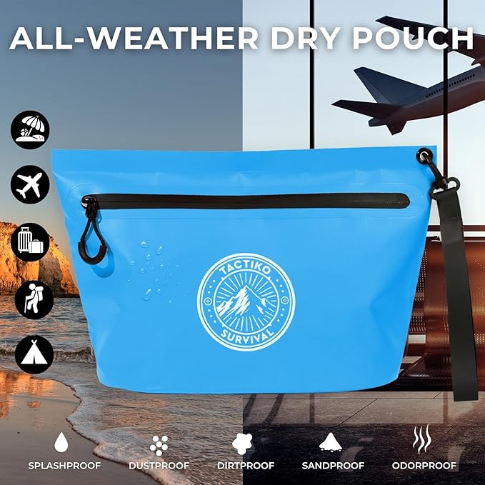 Tactiko 3L Water Resistant Pouch - Waterproof Material w/Splashproof Zipper - Hold All Zipper Bag for Storage, Toiletries,Travel, Beach, Cruise, Home (Blue)