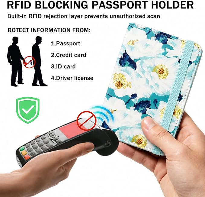 ZOPPEN RFID Blocking Passport Holder for Travel – PU Leather Waterproof Lightweight Passport Cover Wallet for Women Men, Travel Organizer with Card Slots for Airline Tickets & Passport Book, Flower A