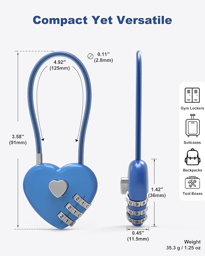 3 Digit Combination Lock, Combo Cable Lock with Code, Small Padlock Combination with Cable, for Luggage, Suitcase, Gym Locker, Backpack Bag Zipper, Cabinet, Mailbox, Outdoor Fence Gate