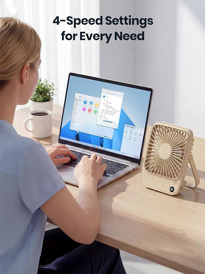 TOPK 2 Pack 5000mAh Portable Desk Fan, Ultra-Thin Rechargeable Battery Operated Fan with Digital Display, Quiet 4-Speed Small Personal Travel Fans for Office, Bedroom, Cruise, Outdoor