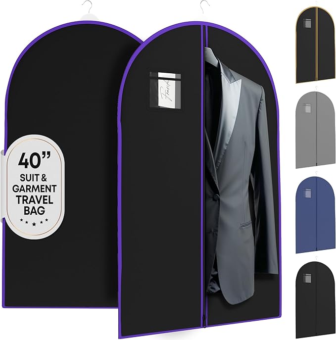 Your Bags Travel Garment Bag – Durable Zippered Single Suit Bag for Storage – Water-Resistant Clothes Cover - Hanging Garment Bags for Travel with ID Pocket – 40" x 24" - Black & Purple (Pack of 1)