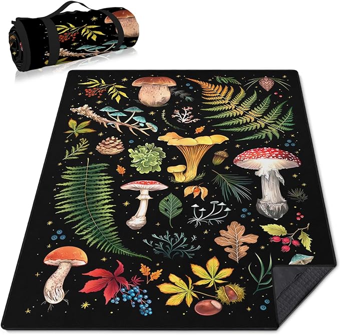 Mushroom Picnic Blankets Waterproof Foldable, 80″X80″Thick Three Layer Picnic Mat Outdoor Blanket for Grass, Large Beach Blanket Sandproof Picnic Accessories for Camping Party Park Patio