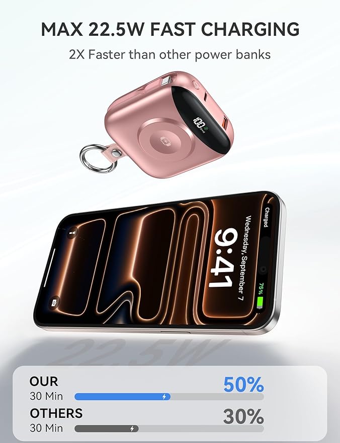 citicr Portable Charger, 10000mAh 22.5W Fast Charging Power Bank with Built-in Cables, Travel Battery Pack with LED Display for iPhone, Portable iWatch Charger for 11/10/9/8/7/6/5/4/SE/Ultra Rose