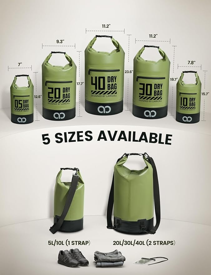 Lamicall Waterproof Dry Bag with Phone Pouch, Floating Roll Top Backpack, 10L, Green