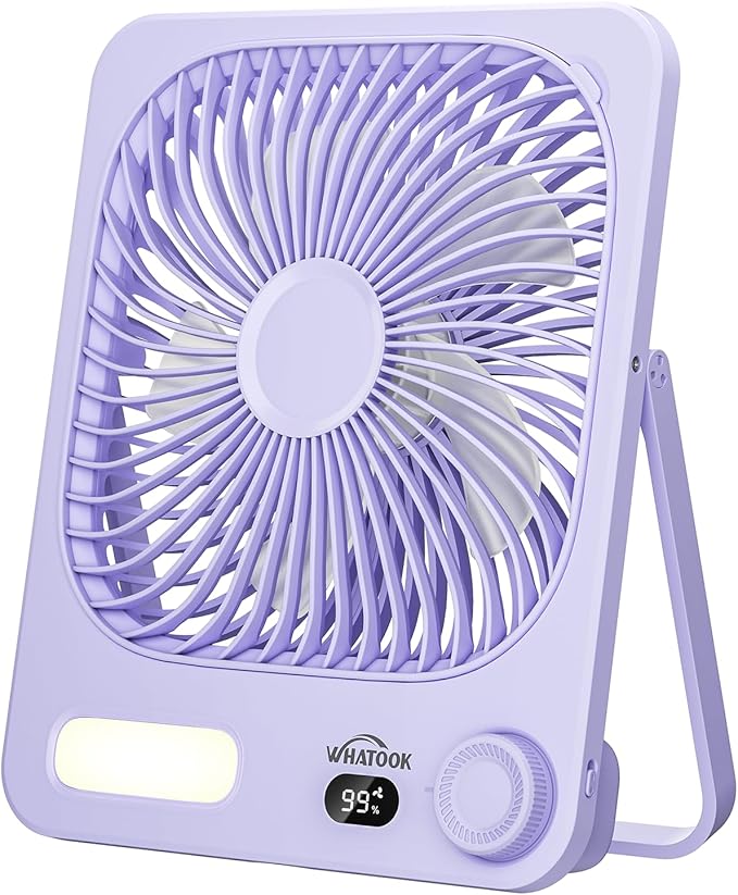 WHATOOK Large Travel Fan Rechargeable - 10000mAh Battery Operated Portable Fan with 100 Speeds & Night Light, Ultra Quiet Personal Desk Fan for Bedroom, Office, Camping & RV Tent (Purple)