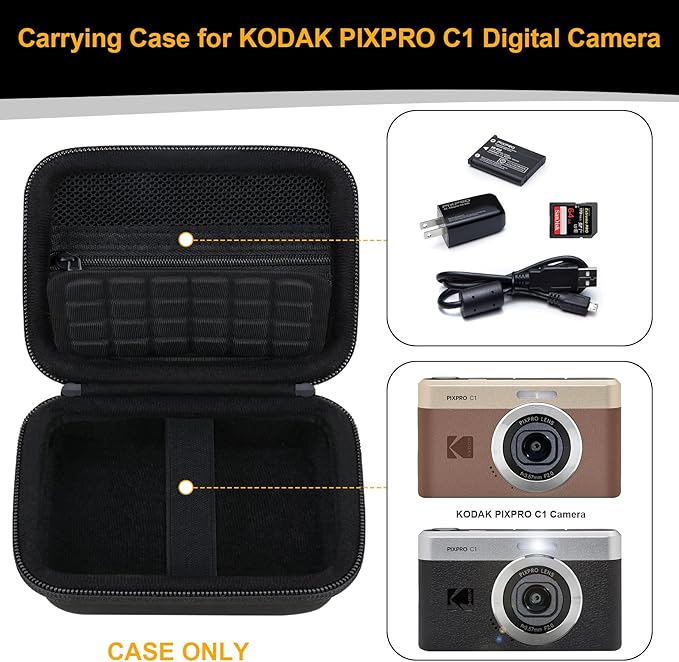 RAIALL Carrying Case for KODAK PIXPRO C1 Friendly Zoom Digital Camera, Point and Shoot Vlogging Camera Hard Travel Bag, Mesh Pocket for Charging Adapter, SD Card, USB Cable and Batteries, Black