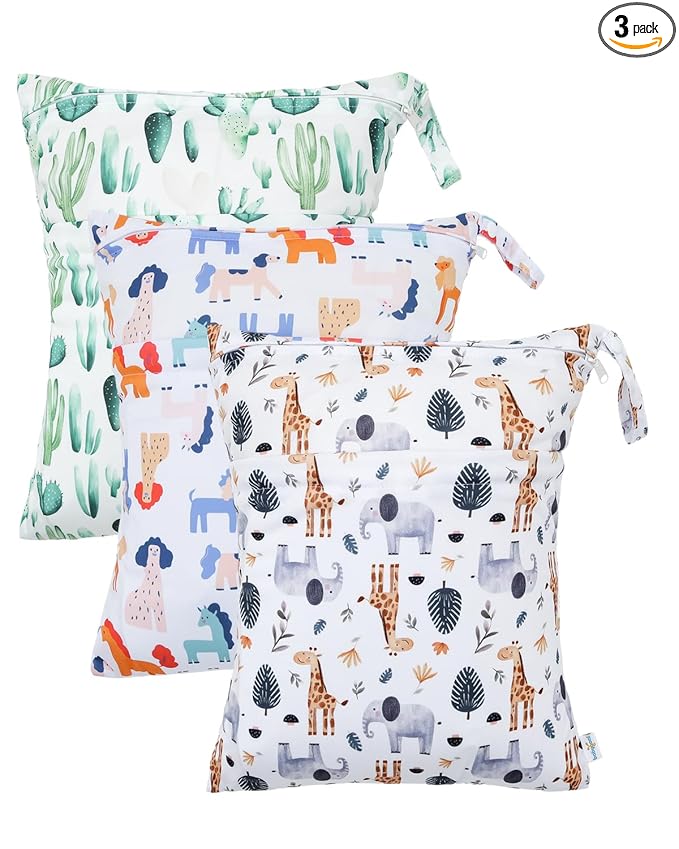 babygoal Animal Wet Dry Bags 3 Pack, Waterproof Travel Bags for Swimsuits, Beach, Pool, Gym,Food Storage and Wet Clothes(Giraffe,Cactus),3LN39-B