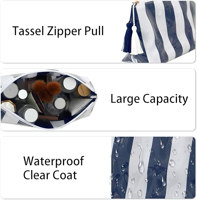 DYSHAYEN Makeup Bags for Purse,Small Clear Coated Cosmetic Bags for Women Girls, Waterproof Travel Organizer Zipper Pouch Beach Vacation Essentials (White-Navy)
