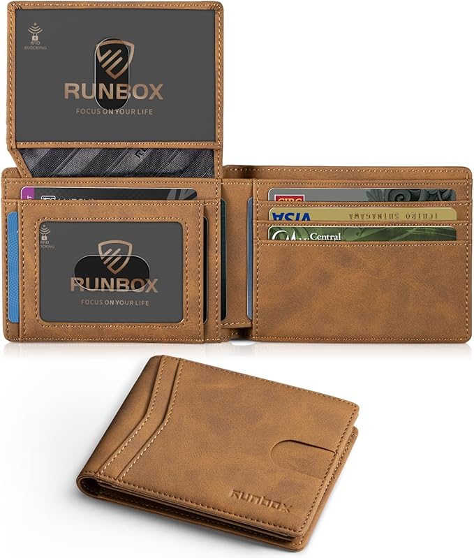 RUNBOX Wallet for Men -Slim Rfid Leather Mens Bifold Novelty Wallets 2 ID Window With Gift Box Men's Accessories | Slim