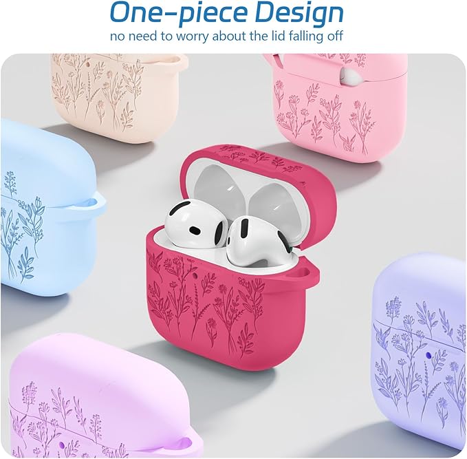 for Airpods 4 Case, Ekoonpft Flower Engraved Cases for Apple AirPods 4th Generation 2024, Soft Silicone Cover for Women Girly with 3-in-1 Cleaning Kit & Keychain, Anti-Scratch, Shockproof, Garnet Red